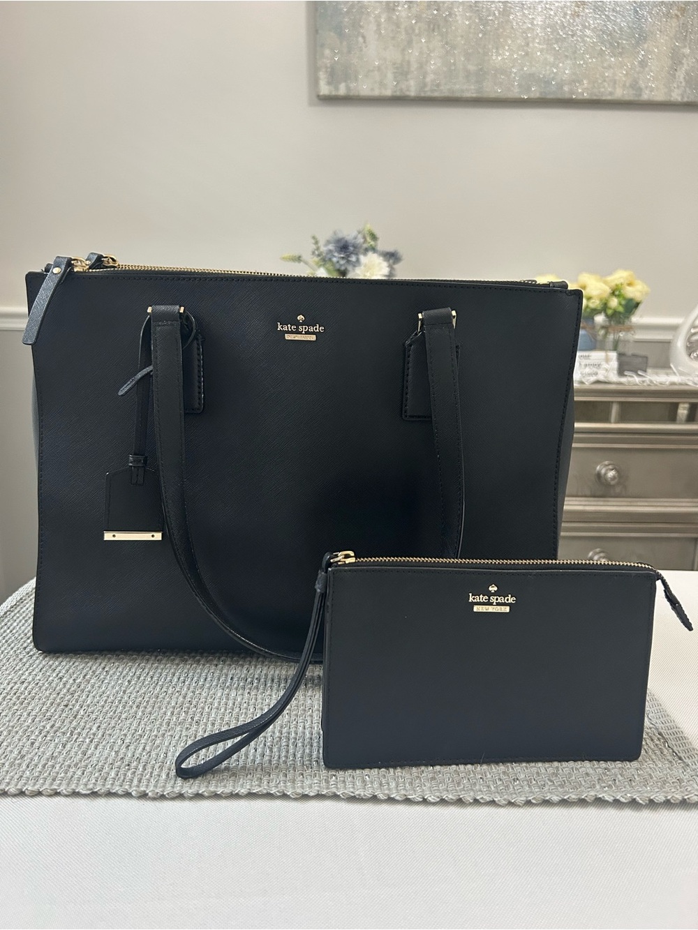 Kate Spade Black Saffiano Leather Tote with Matching Wristlet